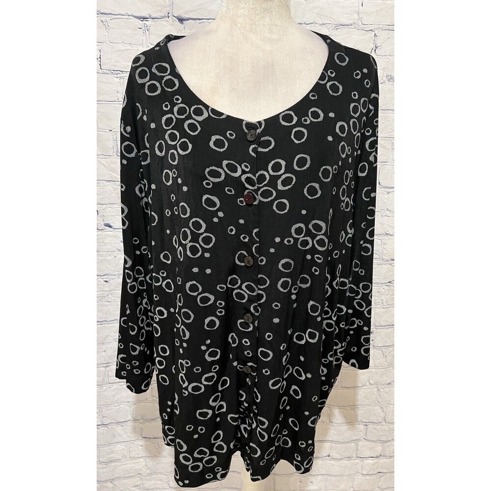 Ruby Rd Top Button Down Blouse Stretch Long Sleeve Black & white Circles Size 3X